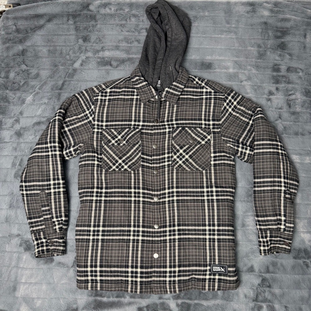 Eddie Bauer Mens Grey Plaid Quilted Flannel Hooded Shirt Jacket Small 6437